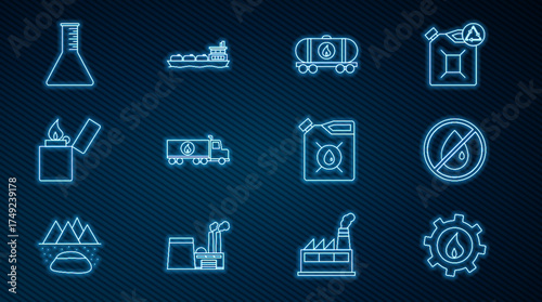 Set line Oil industrial factory building, No oil drop, railway cistern, Tanker truck, Lighter, petrol test tube, Canister for motor machine and tanker ship icon. Vector