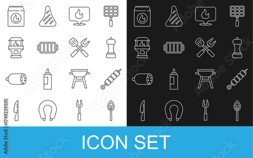 Set line Burning match with fire, Grilled shish kebab, Pepper, Location flame, Barbecue grill, Brick stove, coal bag and Crossed fork and spatula icon. Vector