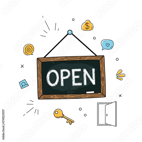 A charming sign announces the shop is open with a key symbolizing new opportunities and growth for the business.