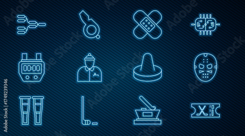 Set line Hockey sports ticket, mask, Crossed bandage plaster, coach, Stopwatch, Championship tournament bracket, Mallet for playing air hockey and Whistle icon. Vector