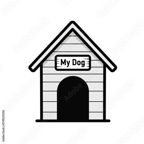 Illustration of a simple dog house with a sign that says my dog.
