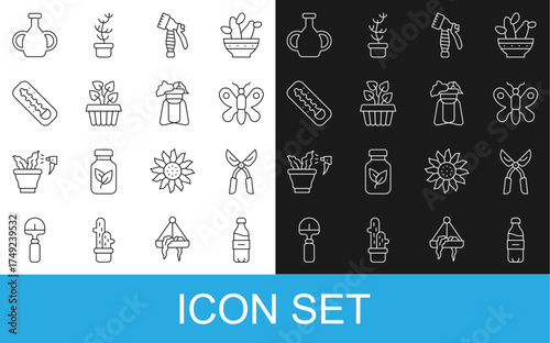 Set line Bottle of water, Gardening handmade scissors, Butterfly, Water spray bottle, Indoor plant ivy pot, Meteorology thermometer, Vase and Plant on stand icon. Vector