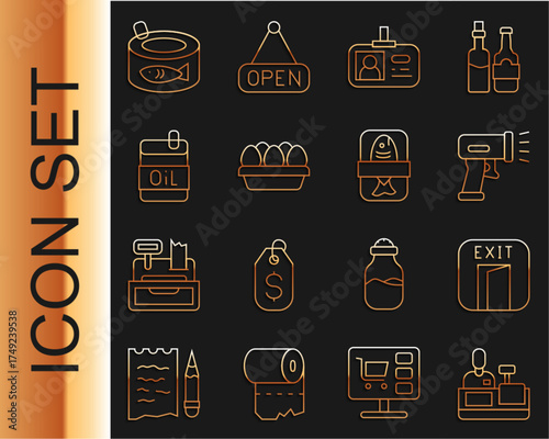 Set line Cashier at cash register, Fire exit, Scanner scanning bar code, Identification badge, Chicken egg box, Bottle of olive oil, Canned fish and Fish plastic tray container icon. Vector