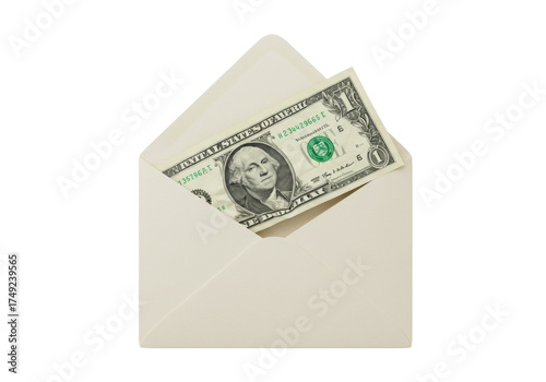 Photography One dollar bill in an envelope isolated on white, financial gift or payment conc