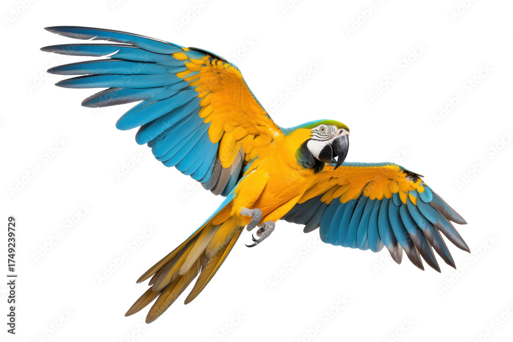 Fototapeta premium blue and yellow parrot flying isolated on white or transparent png