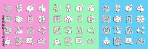 Set line Photo camera, Isometric cube, 3D printer setting, 3d pen tool, Printing house industry and software icon. Vector