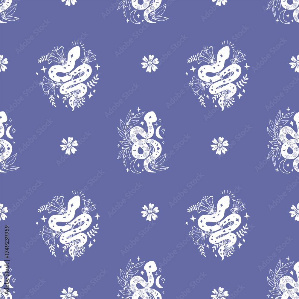 Fototapeta premium Seamless Pattern with Mystical White Snake with Flowers and Moon on Blue Background. Repeating Textured Hand Drawing Doodle template. Vector illustration for magic, esoteric, mysterious design. Not AI
