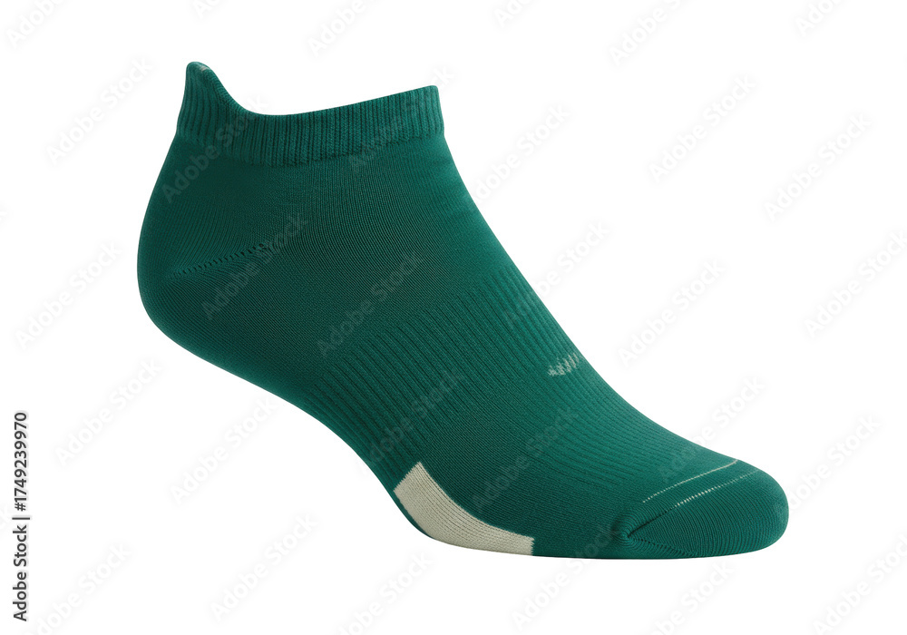 Obraz premium Green athletic sock isolated on white, comfortable sports apparel for running and training