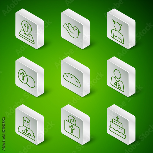 Set line Ark of noah, Donation for church, Location building, Bread loaf, Easter egg, Dove, Knight crusader and Hands praying position icon. Vector