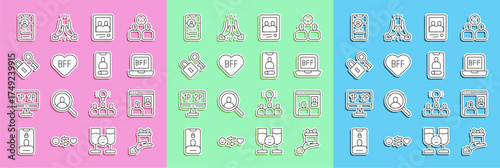 Set line Give gift, Video chat conference, BFF or best friends forever, Family photo, Lock with key, Dating app online and Incoming call mobile icon. Vector