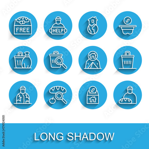 Set line Homeless, Searching for food, Donation, and charity, Feeding the homeless, Trash can and Tourist tent icon. Vector