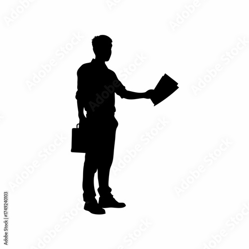 Counselor handing recovery pamphlets silhouette isolated on white background