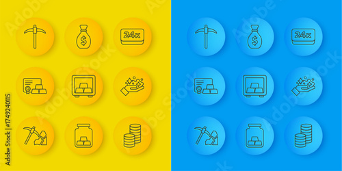 Set line Gold mining, bars with certificate, Safe gold, coin money, mine, Pickaxe, 24k and Old bag icon. Vector