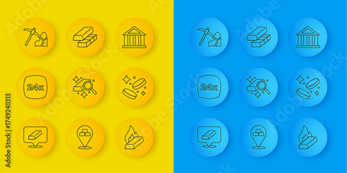 Set line Gold bars, 24k, Molten gold being poured, coin money, mining, Bank building and exchange icon. Vector