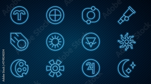 Set line Moon and stars, Sun, Solar system, Comet, Aries zodiac, Earth element and globe icon. Vector