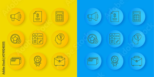 Set line Credit card, Star, Calculator, Briefcase, Human head with question mark, Megaphone, and Contract money icon. Vector