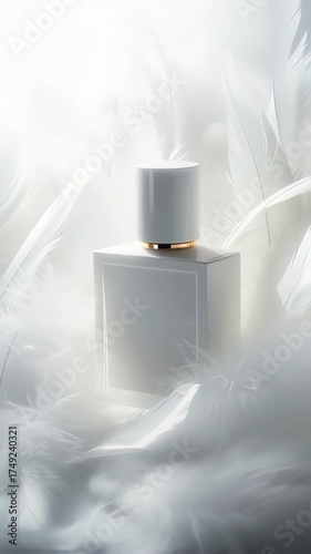 white perfume bottle on white feathers,