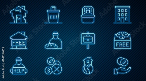 Set line Donation hand with money, food, Sleeping bag, Feeding the homeless, Shelter for, Ruined house, Work search and Trash can icon. Vector