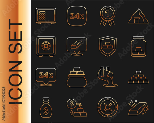 Set line Gold bars, Medal, Safe, and with shield icon. Vector