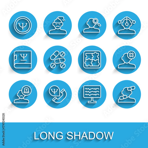 Set line Male doctor, Online psychological counseling, Psychology, Encephalogram, Sedative pills, Medicine tablet, Solution problem psychology and icon. Vector