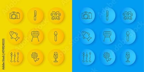 Set line Grilled shish kebab on skewer, Fish, Barbecue grill, Wine glass, Spoon, Photo camera, Butterfly and Knife icon. Vector
