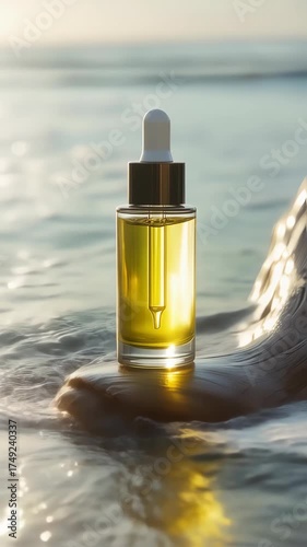 translucent face oil dropper bottle on polished wooden driftwood with splash wave