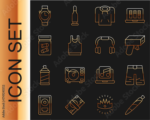 Set line Marijuana joint, spliff, Wide pants, Money gun, Hoodie, Undershirt, Evidence bag with bullet, Wrist watch and Headphones icon. Vector