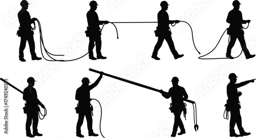 Construction worker silhouettes handling cable and rope in various poses with hard hat and tool belt for safety training vector"