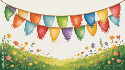 A whimsical illustration of colorful pennant banners strung above a field of wildflowers and green grass