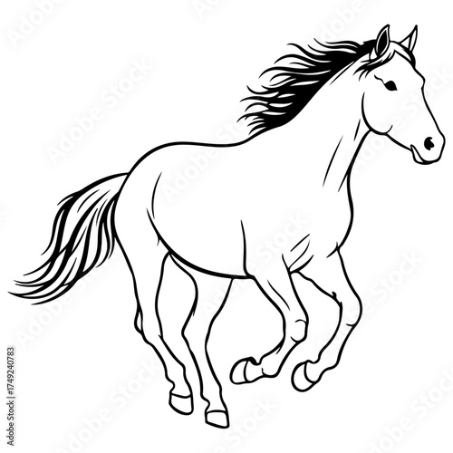 Dynamic Running Horse Outline Vector Illustration on White, equestrian logos, mascots, tattoos, apparel, or artistic projects requiring a simple, elegant, and powerful animal graphic.