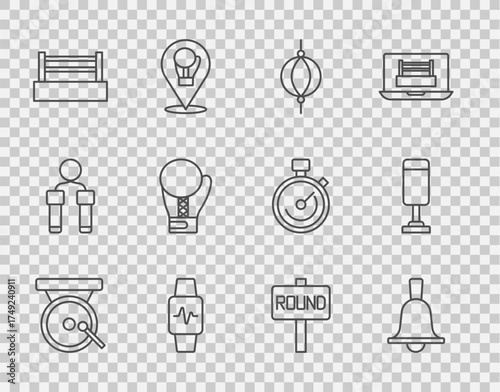 Set line Boxing gong, bell, Punching bag, Smart watch with heart, ring, glove, board and icon. Vector