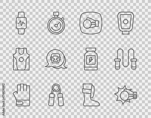 Set line MMA glove, Punch in boxing, Boxing, Sport expander, Smart watch with heart, helmet, shoes and Jump rope icon. Vector