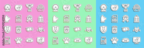 Set line Fish, Cat, Cage for birds, Pet award symbol, Medical clinical record pet, Hamster wheel and icon. Vector