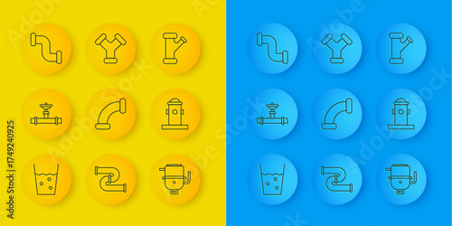 Set line Glass with water, Industry pipe and valve, metallic, Electric boiler for heating, Fire hydrant, and icon. Vector