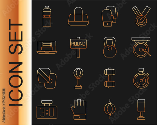 Set line Punching bag, Stopwatch, Boxing gong, glove, ring board, Fitness shaker and Weight icon. Vector