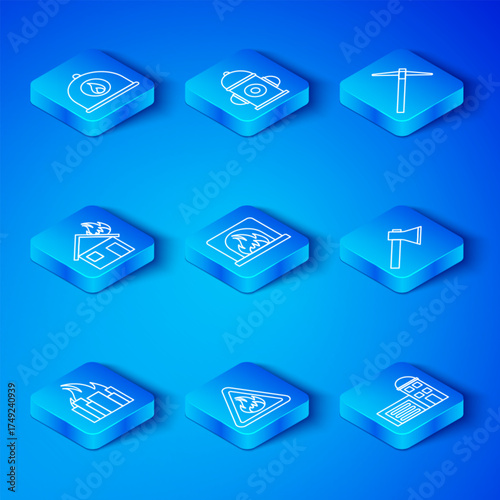 Set line Fire in burning buildings, Interior fireplace, flame triangle, Firefighter axe, Pickaxe, house, helmet and Building of station icon. Vector