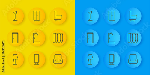 Set line Table lamp, Closed door, Shower, Armchair, Heating radiator, Coat stand, and Wardrobe icon. Vector