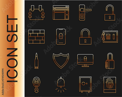 Set line Fingerprint, Safe combination lock, Door handle, Mobile with closed padlock, Bricks, Bulletproof vest and Lock icon. Vector