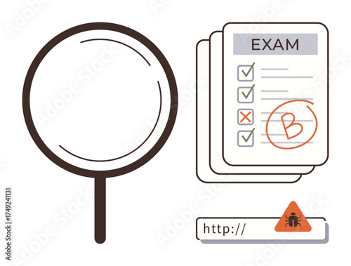 Magnifying glass, graded exam paper marked B, and bug alert over URL. Ideal for education, evaluation, online inspection, cybersecurity, analytics digital safety scrutiny. Simple flat metaphor