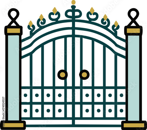 Ornate gate icon with pillar and arch detail for entrance and security
