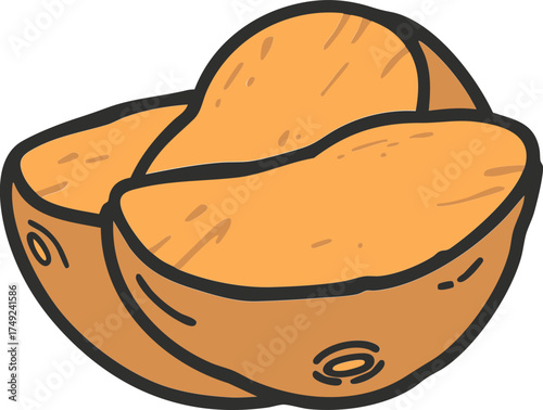 Walnut icon with cracked shell and kernel for nut food and ingredient