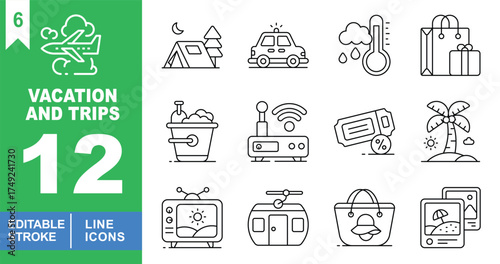 Vacation and trips set of web icons in line style. Exclusive vacation and trips line icon collection. Containing airplane, tent, car, thermometer, shoppingbag. Editable stroke. Vector illustration.