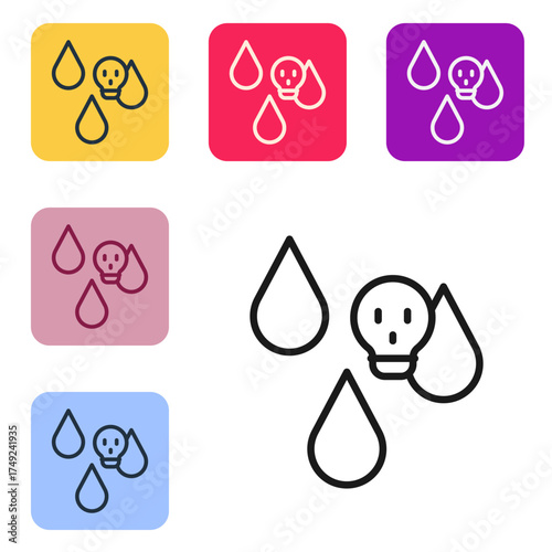 Black line Acid rain and radioactive cloud icon isolated on white background. Effects of toxic air pollution on the environment. Set icons in color square buttons. Vector
