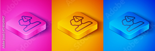 Isometric line Finding a problem in psychology icon isolated on pink and orange, blue background. Square button. Vector
