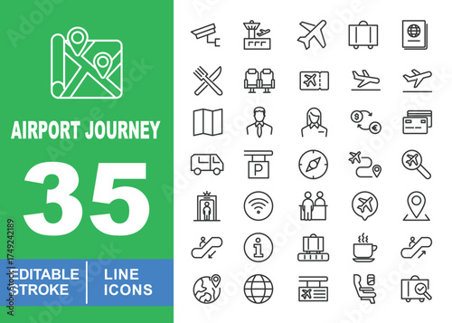 Airport journey set of web icons in line style. Exclusive airport journey line icon collection. Containing camera, airport, plane, luggage, passport, restaurant. Editable stroke. Vector illustration.