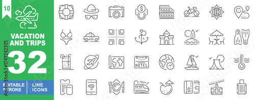 Vacation and trips set of web icons in line style. Exclusive vacation and trips line icon collection. Containing boot, ballerina, snorkeling, binoculars, kayak, snowflake. Editable stroke. Vector
