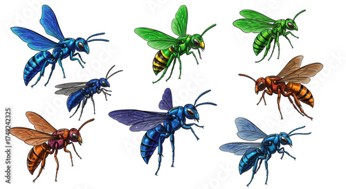 Assortment of Brightly Colored Wasps in Multiple Hues and Poses