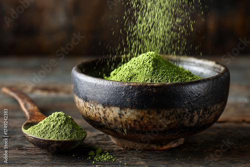 close up of matcha powder falling from above into an empty bowl on a wooden table