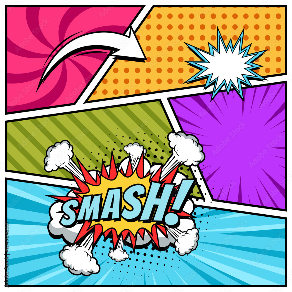 Fototapeta premium Vibrant comic book style background with smash text