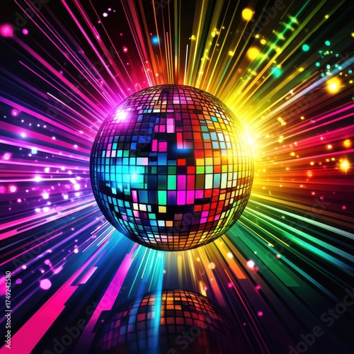 Sparkling Disco Ball Suspended in the Air Against Vibrant abstract digital art piece that